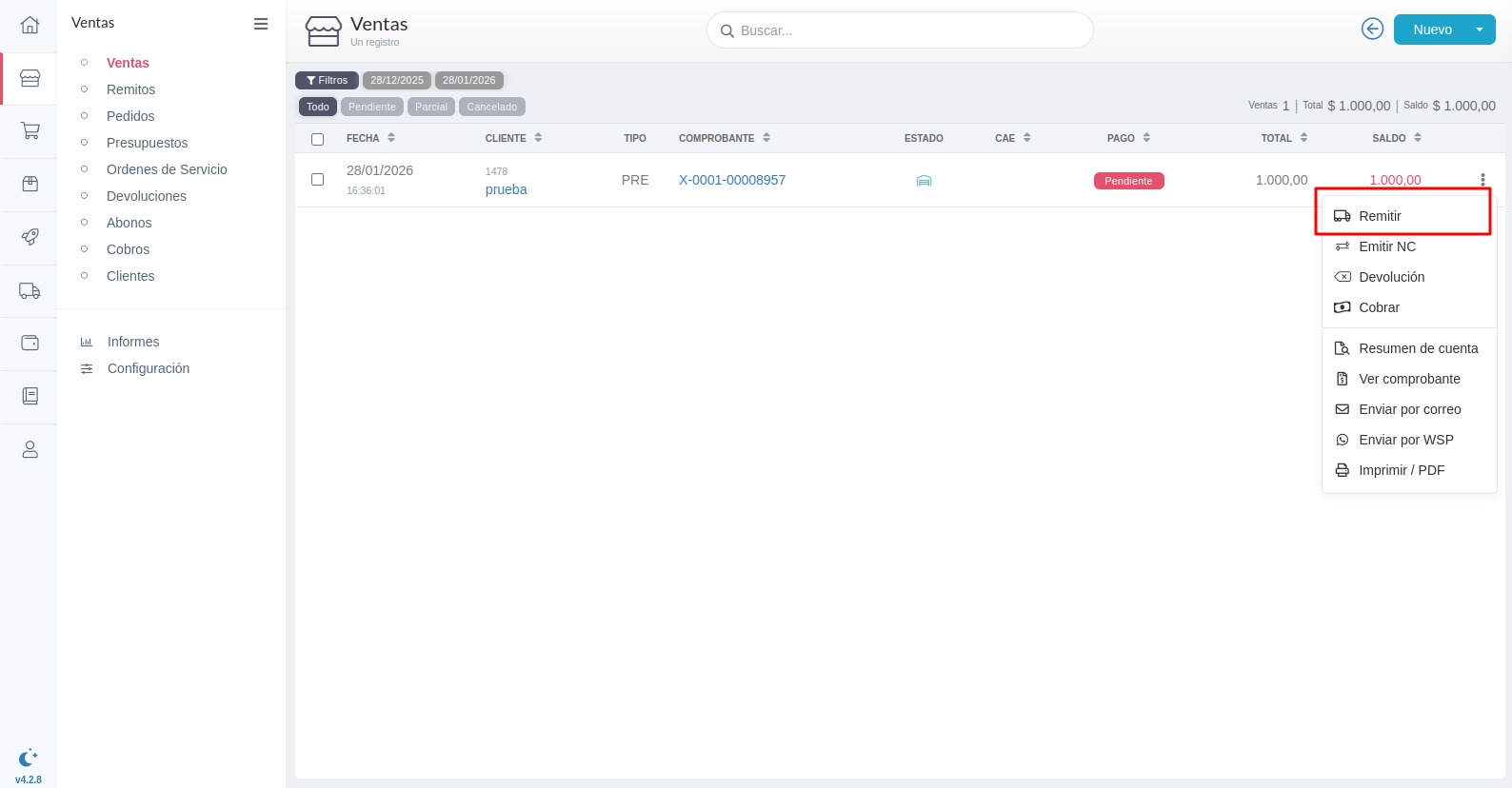 Opción remitir en ventas